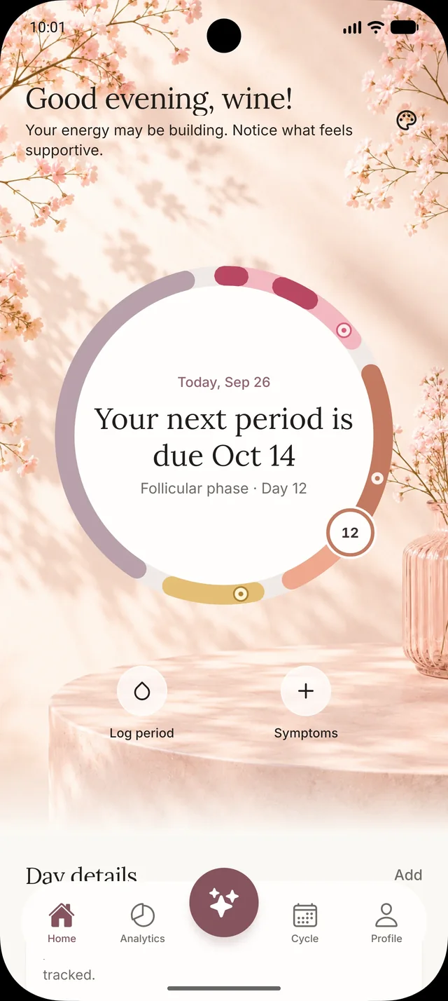 Wine home screen with cycle day and estimated period date